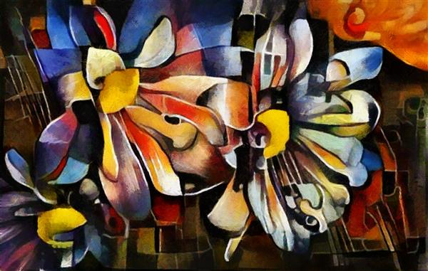 یک دسته گل زیبا به سبک مدرن و کوبیسم از پیکاسو اجرا شده در رنگ روغن روی بوم با عناصر نقاشی پاستل هنرهای زیبا برای هدیه و داخلی
