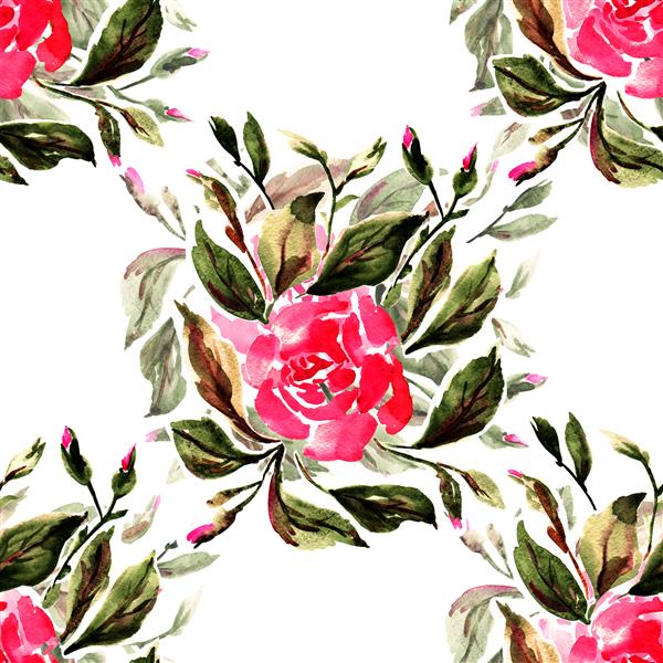 الگوی بدون درز تصویر آبرنگ گل رز شاخه بهاری - SA