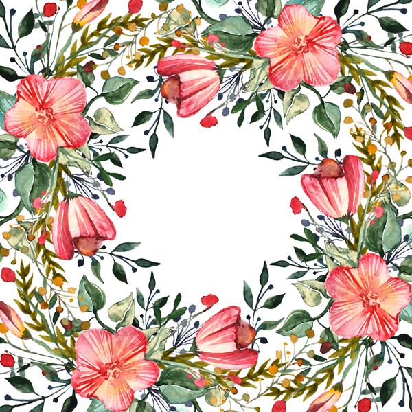 کارت پستال آبرنگ با گل های رنگارنگ طرح طراحی برای رسانه مد و تبریک عروسی گل شاخ و برگ قاب