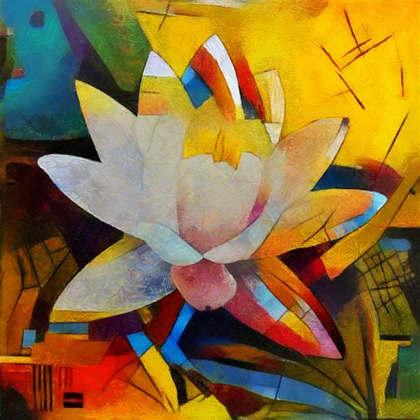 انتزاع دسته گل گل در نسخه مدرن سبک کاندینسکی اجرا شده با رنگ روغن روی بوم با عناصر نقاشی پاستل