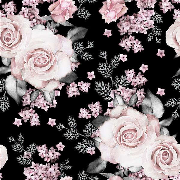 الگوی بدون درز با گل‌ها و برگ‌های صورتی در پس‌زمینه مشکی الگوی گل آبرنگ گل رز به رنگ پاستل کاشی برای کاغذ دیواری کارت یا پارچه