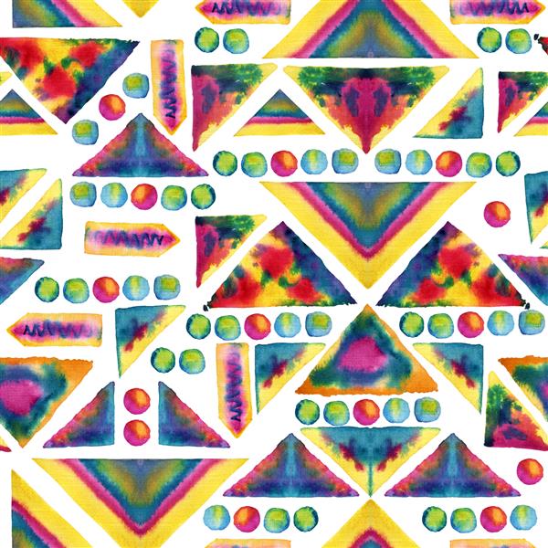 الگوی هندسی نقاشی آبرنگ بدون درز با عناصر شطرنجی مثلث دایره راه راه الگوی انتزاعی الگوی برس های طراحی شده با دست زیور رنگارنگ