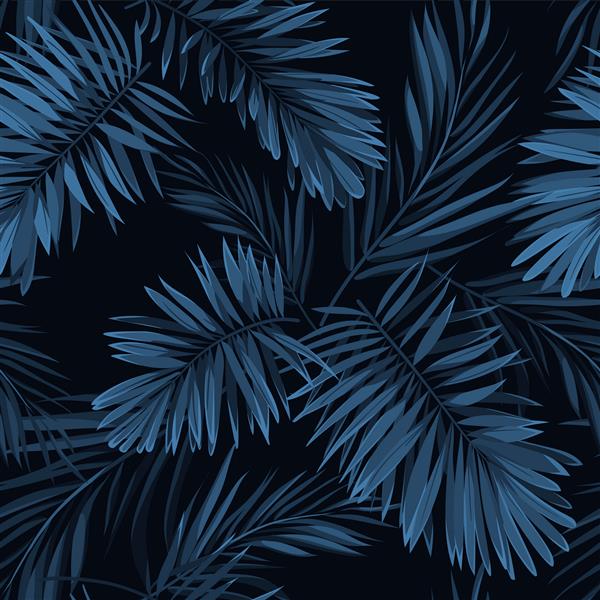 الگوی آبی نیلی بدون درز با برگ‌های نخل هیولا در پس‌زمینه تیره طرح پارچه تابستانی گرمسیری تصویر