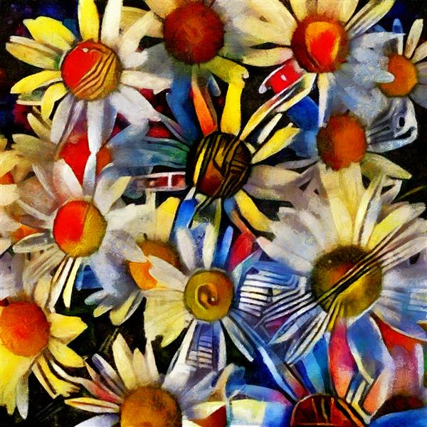 بابونه انتزاع گل به سبک مکعبی مدرن اجرا شده با رنگ روغن روی بوم با عناصر نقاشی پاستل