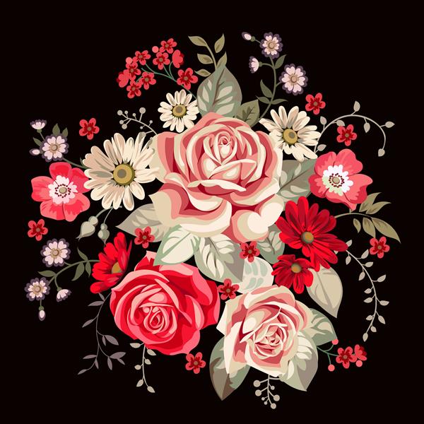 دسته گلی با گل های رز کم رنگ و گل های قرمز به سبک وینتیج