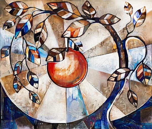 نقاشی رنگ روغن روی بوم درخت تلطیف شده و سیب آثار هنری مدرن تصویرسازی داخلی پس زمینه انتزاعی
