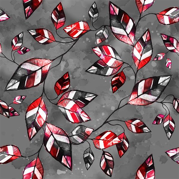 الگوی بدون درز با برگ های بافت آبرنگ پس زمینه گل انتزاعی شاخه طراحی شده با دست هندسی تلطیف شده با موزاییک قرمز سیاه و سفید
