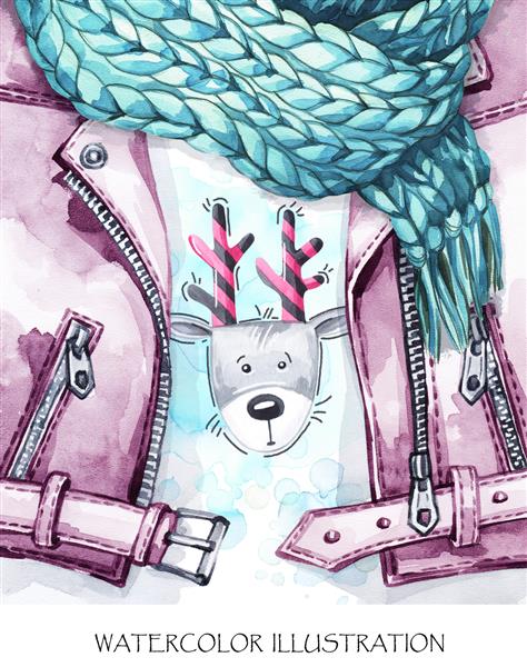 تصویر قدیمی آبرنگ ظاهر لباس گرم کت چرمی نقاشی شده با دست روسری بافتنی و چاپ آهو خنده دار در مفهوم مد زمستانی دختر خوش تیپ قابل استفاده در طراحی تعطیلات زمستانی