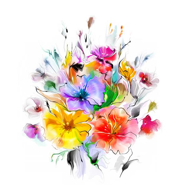تصویر گل‌های وحشی آبرنگ رنگارنگ در پس‌زمینه سفید