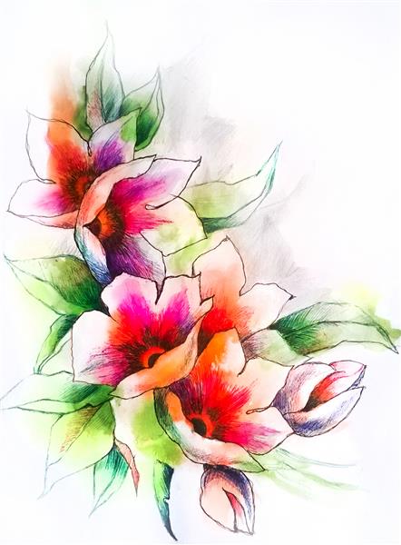 دسته گل های زیبا و درخشان قرمز و یاسی گل های عجیب و غریب با برگ های سبز آبرنگ با طراحی مداد عناصری برای ایجاد الگوهای طراحی زیور آلات پس زمینه کاغذ دیواری منسوجات