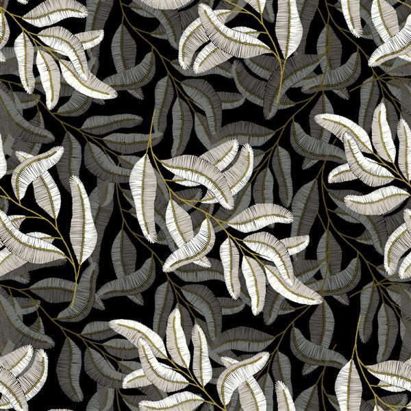 شاخه های گلدوزی شده - الگوی بدون درز چاپ سیاه و سفید دست ساز