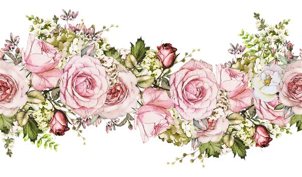حاشیه بدون درز جدا شده با گل های صورتی برگ الگوی گل آبرنگ با برگ و گل رز رنگ پاستلی لبه گل بدون درز نوار برای کارت عروسی یا پارچه
