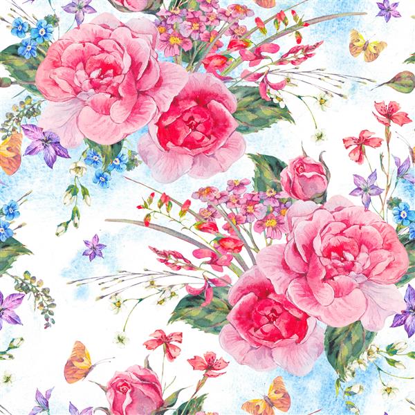 الگوی بدون درز تابستانی طبیعی آبرنگ با گل های وحشی و گل رز پروانه ها تصویر گل گیاه شناسی در پس زمینه سفید
