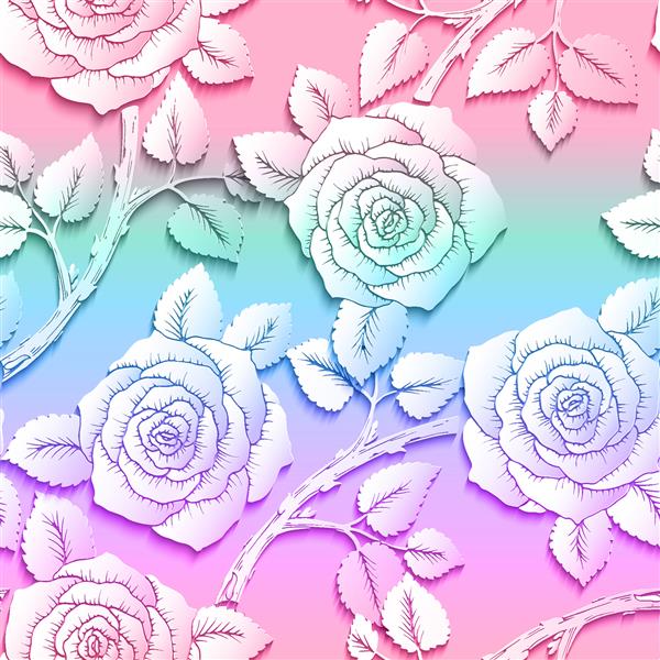 الگوی بدون درز پس زمینه گل هنری برش کاغذ گل های رز اوریگامی با شاخه هایی در زمینه رنگین کمانی تصویر سهام با جلوه لایه بندی حجمی