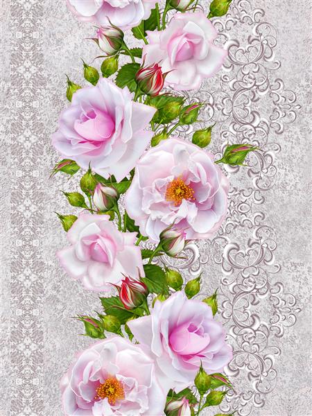حاشیه عمودی گل الگو بدون درز سبک قدیمی گلدسته گل رز صورتی ظریف جوانه فرهای براق نقره ای روباز توری موزاییک پاستلی بافندگی