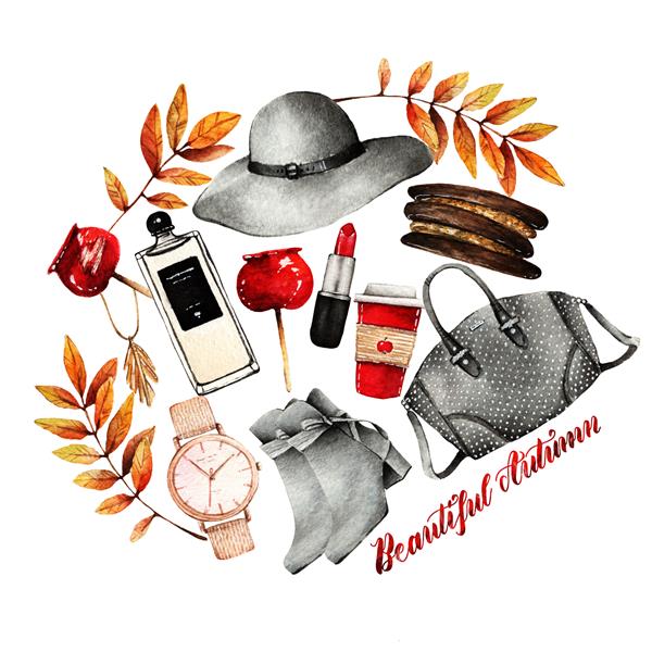 تصویرسازی مد آبرنگ مجموعه ای از لوازم جانبی مد روز پاییز زیبا کلاه قهوه آویز دستبند عطر رژ لب چکمه ساعت کیف
