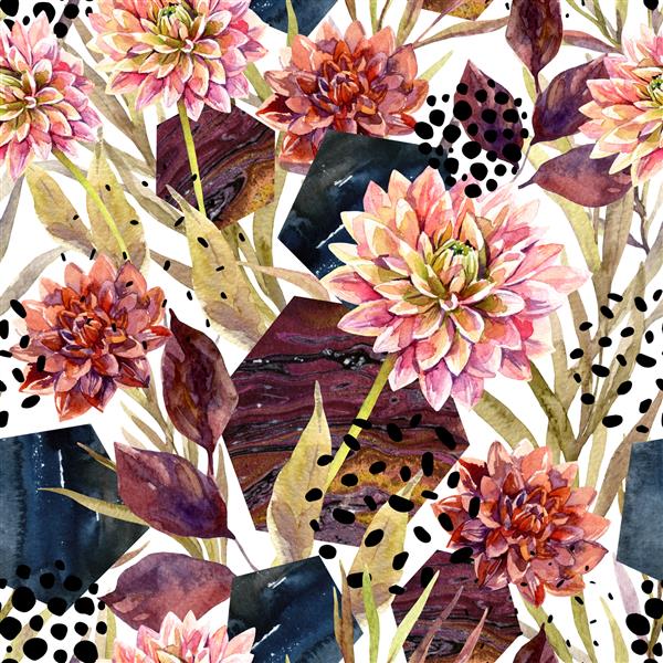 چیدمان گل های آبرنگ پاییزی الگوی بدون درز پس زمینه با گل برگ شش ضلعی دایره های پر شده با بافت سنگ مرمر تصویر هنری آبرنگ نقاشی شده با دست برای طراحی پاییز