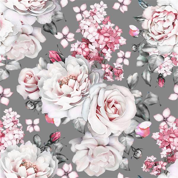 الگوی بدون درز با گل و برگ در پس زمینه خاکستری الگوی گل آبرنگ گل رز گل صد تومانی کاشی برای کاغذ دیواری یا پارچه