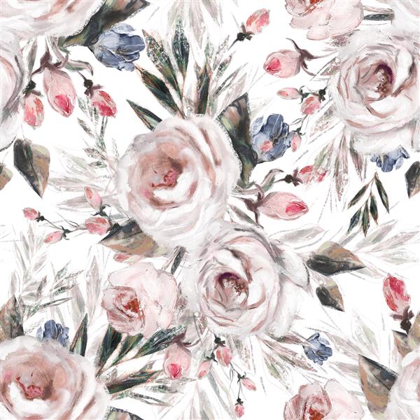 الگوی بدون درز با گل و برگ سفید پس زمینه گل نقاشی رنگ روغن طرح گل گل رز روی بوم کاشی برای کاغذ دیواری یا پارچه