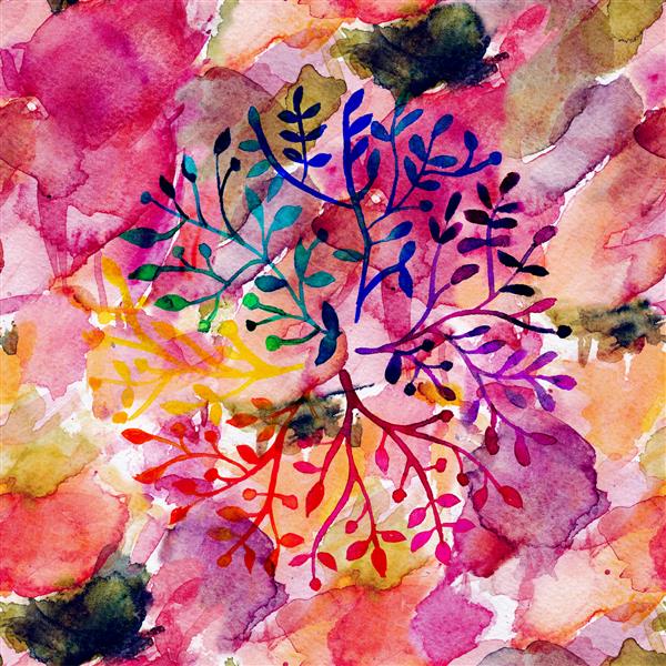 تصویر رنگی از گل ها در نقاشی های آبرنگ آب رنگ بدون درز با پس زمینه پارچه برای تعطیلات تابستانی گرمسیری کلیپ آرت گل با جلوه رنگ ها و لایه ها الگوی تابستانی