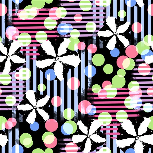طرح هندسی الگوی بدون درز پس زمینه یکپارچهسازی با سیستمعامل با مربع های رنگارنگ دایره ها گل ها و جلوه آبرنگ چاپ پارچه برای ملحفه ژاکت طراحی بسته بندی پارچه و مفاهیم مد