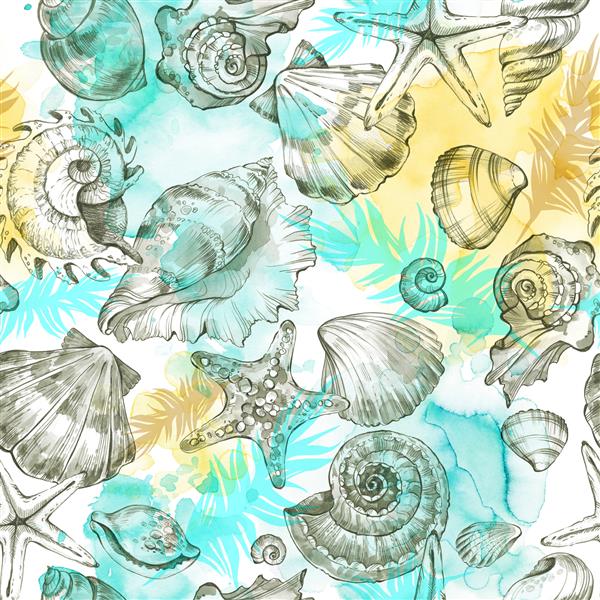 پس زمینه تعطیلات مهمانی تابستانی تصویر آبرنگ الگوی بدون درز با صدف های دریایی نرم تنان و برگ های نخل بافت استوایی در رنگ های نئون قابل استفاده برای پوستر چاپ روی پارچه