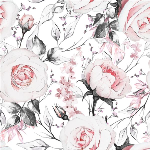 الگوی بدون درز با گل و برگ در پس زمینه سفید نقاشی رنگ روغن روی بوم طرح گل رز گل کاشی برای کاغذ دیواری یا پارچه