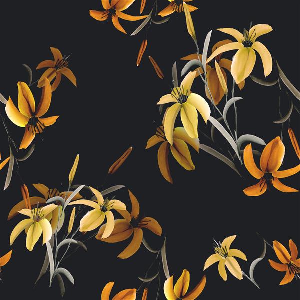 الگوی بدون درز از گل های زرد و نارنجی زنبق در پس زمینه سیاه آبرنگ