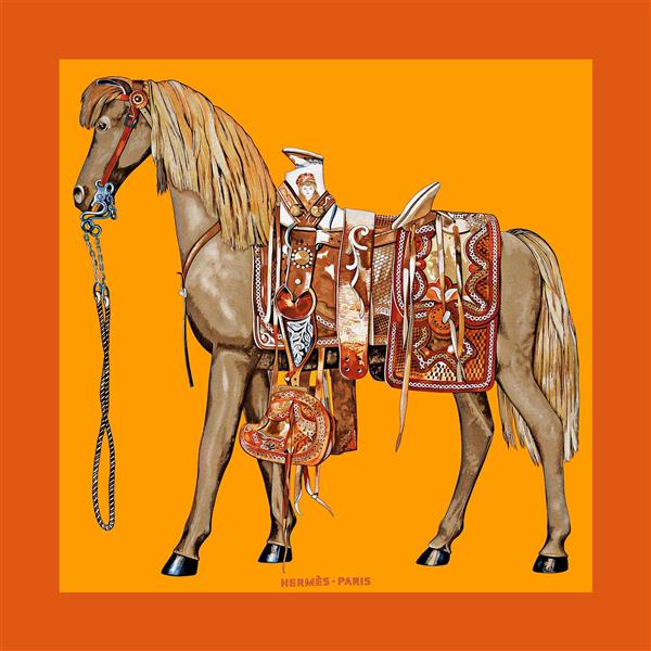 طرح روسری هرمس با اسب زمینه نارنجی آماده چاپ