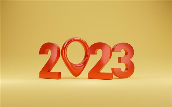 قرمز 2023 با نماد مکان روی پس‌زمینه زرد برای آماده‌سازی سال نو مبارک و تنظیم مفهوم مقصد هدف هدف با رندر سه‌بعدی