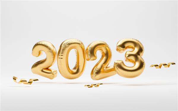 بادکنک طلایی 2023 در زمینه سفید برای آماده سازی سال نو مبارک کریسمس مبارک و شروع مفهوم تجاری جدید با رندر سه بعدی واقع گرایانه