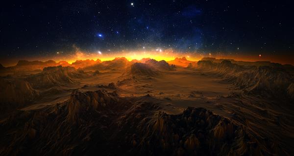 منظره فضایی خارق العاده از سطح سیاره سطح مریخ سیاره فانتزی سنگ های تیز و کوه های آسمان پر ستاره جادویی ستاره های سیاره و کهکشان ها در آسمان