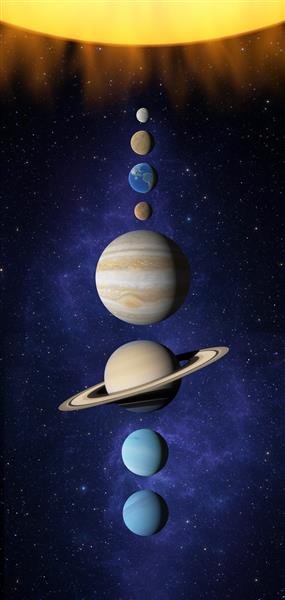 منظومه شمسی سیاره فضا خورشید جیوه زهره زمین مریخ مشتری زحل اورانوس سیاره نپتون نقشه کیهان منظومه شمسی 8 سیاره رندر سه بعدی