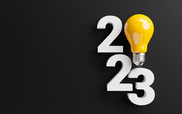 2023 با لامپ زرد در پس زمینه سیاه برای ایده تفکر خلاق برای شروع کسب و کار جدید مفهوم سال جدید با تصویر رندر سه بعدی