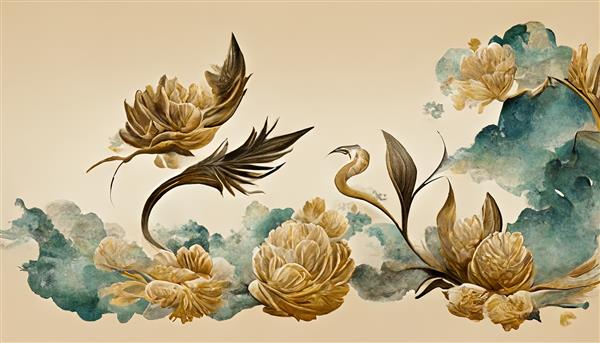 ترکیب گلهای نقاشی شده روی سه پایه با رنگهای معطر زیبا در رنگهای طلایی غنچه هنرهای زیبا l
