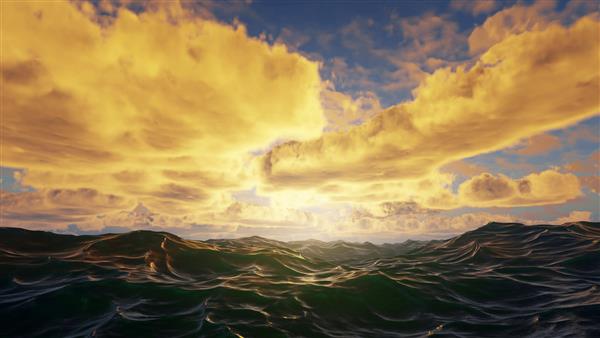 غروب خورشید در خورشید دریا در امواج اقیانوس غروب خارق العاده در تابستان روی خورشید دریا ذوب می شود در امواج ابرها در پرتوهای خورشید در آب منعکس می شوند رندر سه بعدی
