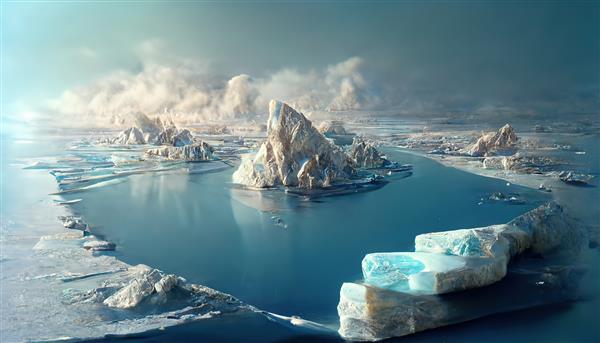 کوه های یخ و یخچال های طبیعی در آب سرد اقیانوس در برابر مه