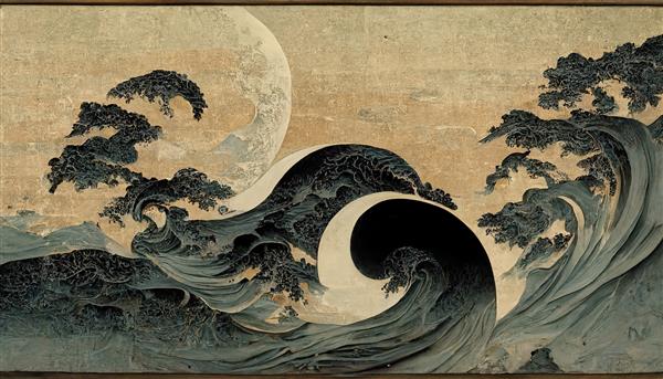 امواج بزرگ اقیانوس و ماه به سبک قدیمی ژاپنی ترسیم شده است