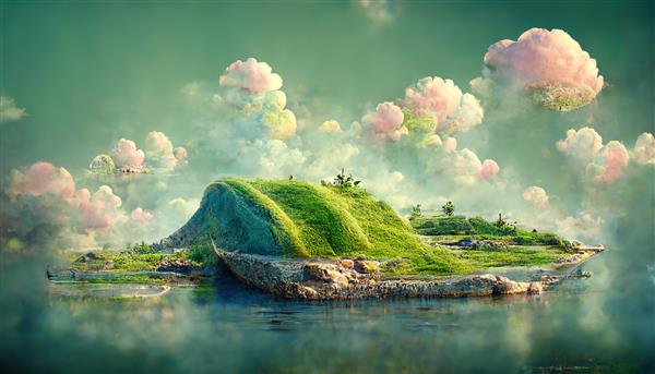 منظره رویایی با جزیره تپه ای در برابر ابرهای کرکی