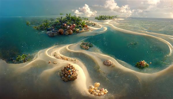 جزایر استوایی فانتزی در اقیانوس نیلگون در روز آفتابی
