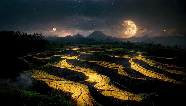 آسمان پرستاره شب با ماه کامل بر فراز مزارع