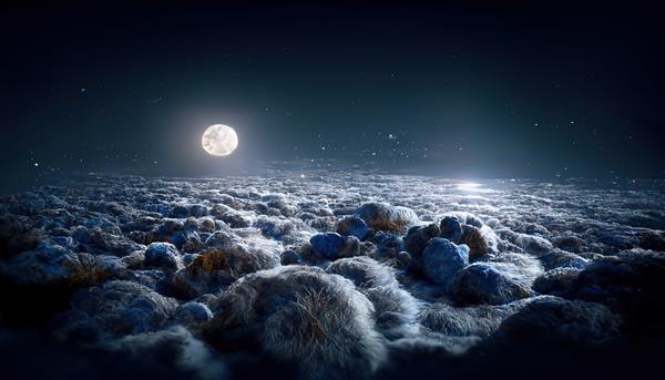 آسمان شب بالای ابرها با ماه کامل و ستارگان