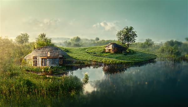 خانه روی تپه با دریاچه و چمن سبز زیر آسمان آبی در صبح زود