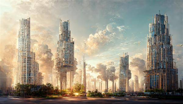 تصویر شطرنجی شهر آینده با کارخانه‌ها و ابرهای دود ساختمان‌های سایبرپانک آسمان‌خراش‌ها هوش مصنوعی تراشه‌سازی ماشین راش هو فناوری تصویر سه بعدی