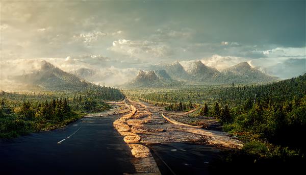 جاده ای در کوه های جنگلی مخروطی در افق زیر ابرهای سفید