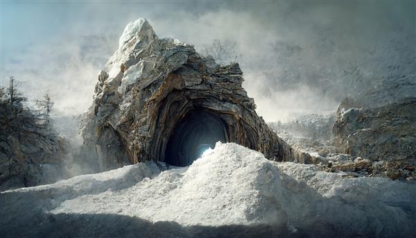 غار کوهستانی با برف در فصل زمستان زیر آسمانی با ابرهای خاکستری
