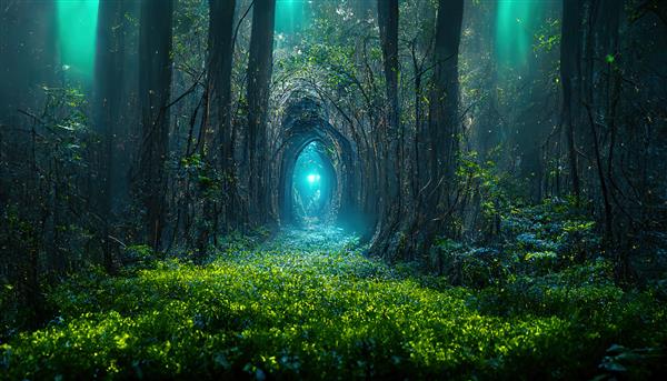 تصویر شطرنجی از تونل در جنگل درختان با نور درخشان در انتهای عبور از جنگل انبوه شگفتی های طبیعی درگاه وحشی به یکی دیگر از معاشقه های جهانی طبیعت اثر هنری سه بعدی
