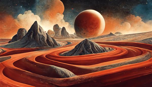 سیاره بیگانه خارق العاده با ماسه قرمز و کوه های سنگی