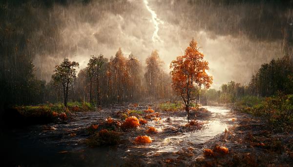 منظره جنگلی با رعد و برق دریاچه مسیر و درختان با برگ های نارنجی در باران