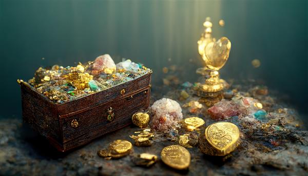 تصویر شطرنجی گنج دزدان دریایی و الماس های گرانبها جعبه پر شده با طلا گنجینه های باستانی گنجینه های باستانی مجموعه ایزومتریک واقع گرایانه با سکه های طلا جواهرات طلایی دزدان دریایی قرون وسطی رندر سه بعدی